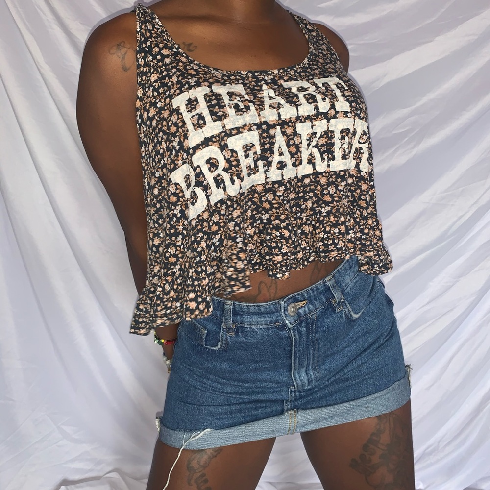 Black brown flowers white “heartbreaker” shirt